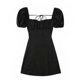 Black Bodycon Lace Up Ruched Puff Sleeve Backless Mini Dress